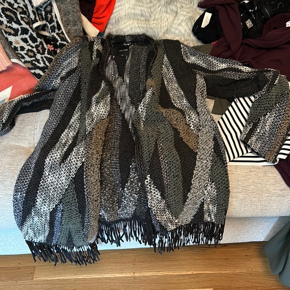 Multi print sweater duster with leather fringe